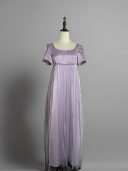 Bridgerton Lilac Regency Era Dress with Short Sleeves and Sheer Overlay – Regency-Inspired Gown Plus Size