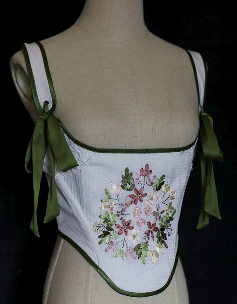 Green Medieval Corset with Satin Bow - Floral Embroidered Medieval Corset Plus Size