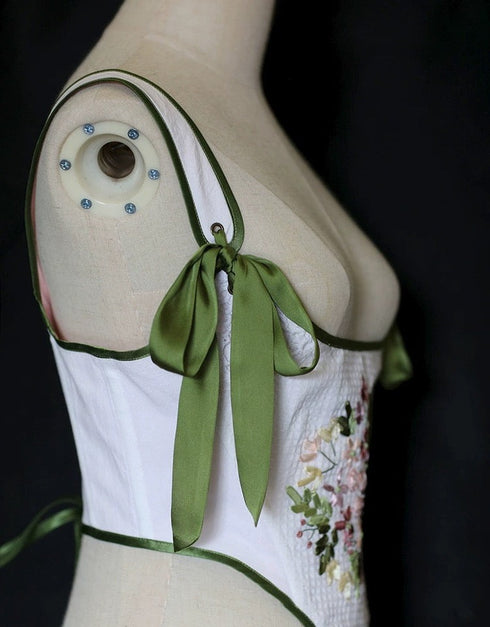 Green Medieval Corset with Satin Bow - Floral Embroidered Medieval Corset Plus Size