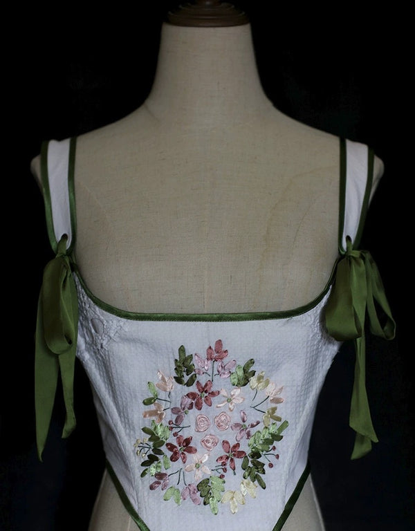 Green Medieval Corset with Satin Bow - Floral Embroidered Medieval Corset Plus Size