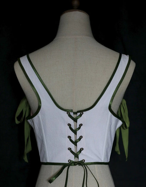 Green Medieval Corset with Satin Bow - Floral Embroidered Medieval Corset Plus Size