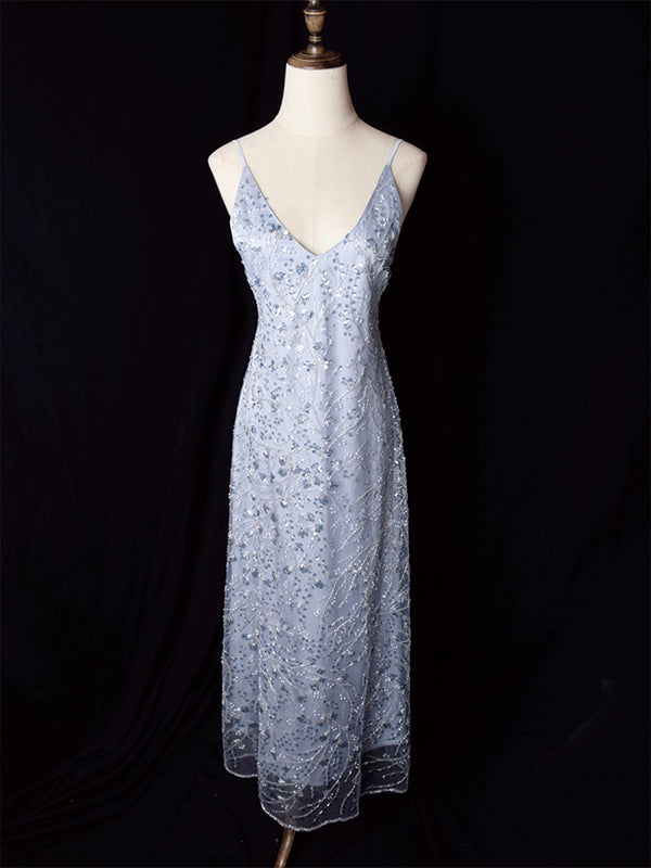 Light Blue Sequin Evening Gown - Spaghetti Strap Glitter Dress - Light Blue Embellished Gown Plus Size