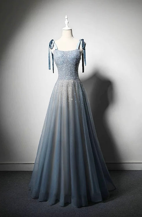 Blue Tulle A-line Evening Gown - Sequined Wedding Dress - Corset Back Wedding Dress Plus Size