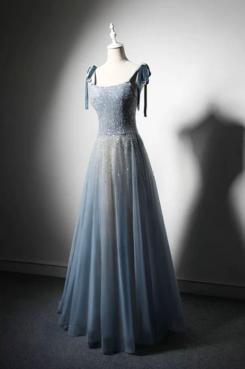 Blue Tulle A-line Evening Gown - Sequined Wedding Dress - Corset Back Wedding Dress Plus Size