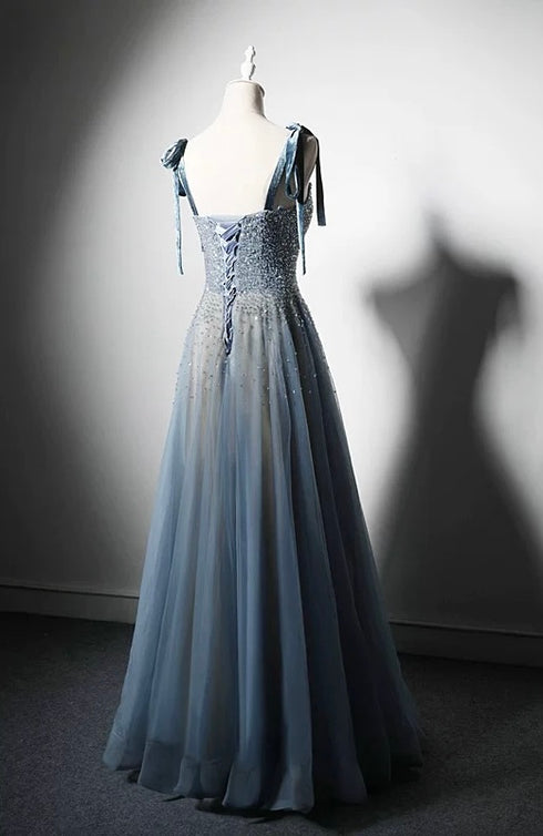 Blue Tulle A-line Evening Gown - Sequined Wedding Dress - Corset Back Wedding Dress Plus Size