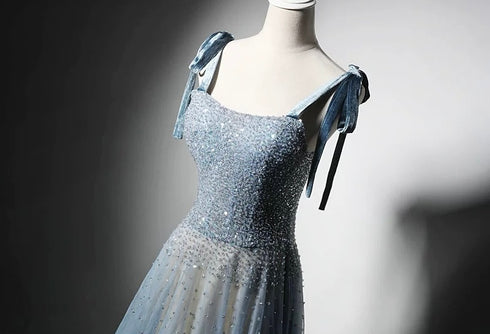 Blue Tulle A-line Evening Gown - Sequined Wedding Dress - Corset Back Wedding Dress Plus Size