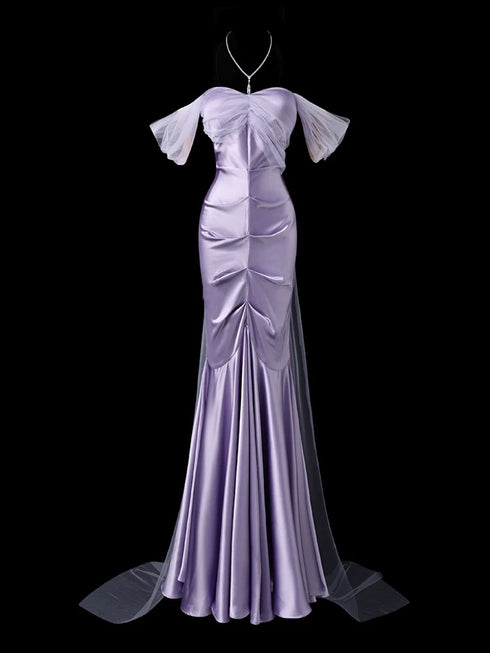 Purple Satin Mermaid Gown - Off Shoulder Evening Dress - Tulle Mermaid Wedding Gown Plus Size