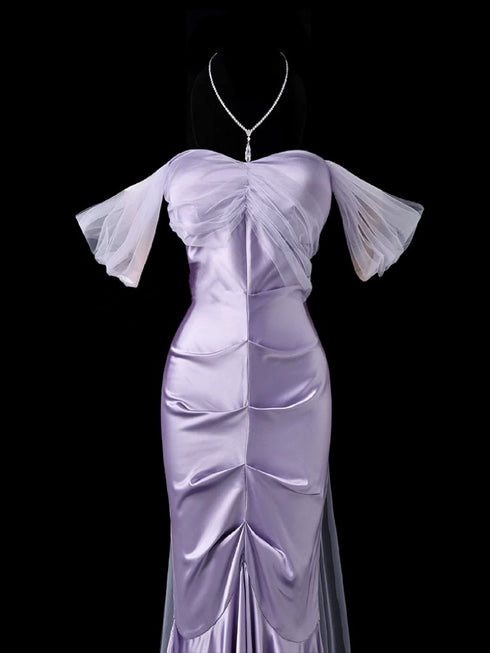 Purple Satin Mermaid Gown - Off Shoulder Evening Dress - Tulle Mermaid Wedding Gown Plus Size