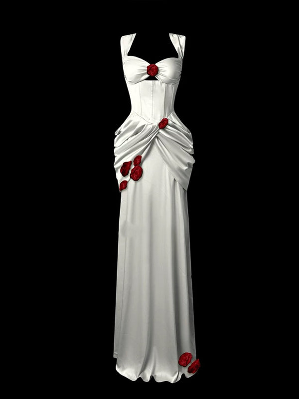 White Satin Mermaid Gown - Red Floral Evening Gown - White Dress for Evening Plus Size