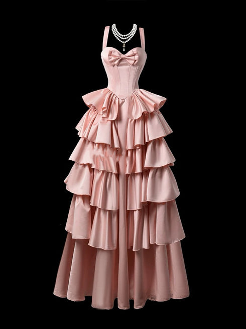 Pink Tiered Ruffle Gown - Corset Back Evening Dress - Sleeveless Ball Gown Wedding Dress with Bow Plus Size