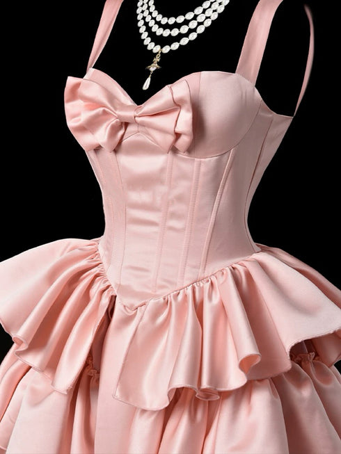 Pink Tiered Ruffle Gown - Corset Back Evening Dress - Sleeveless Ball Gown Wedding Dress with Bow Plus Size