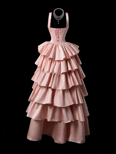 Pink Tiered Ruffle Gown - Corset Back Evening Dress - Sleeveless Ball Gown Wedding Dress with Bow Plus Size