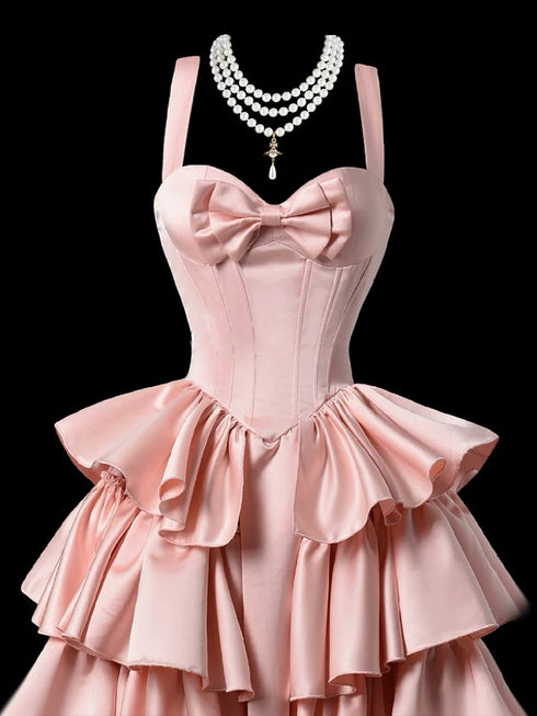 Pink Tiered Ruffle Gown - Corset Back Evening Dress - Sleeveless Ball Gown Wedding Dress with Bow Plus Size