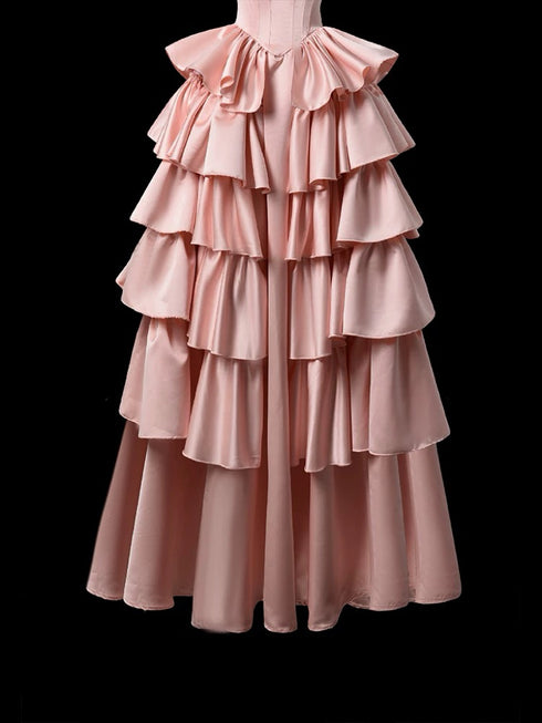 Pink Tiered Ruffle Gown - Corset Back Evening Dress - Sleeveless Ball Gown Wedding Dress with Bow Plus Size