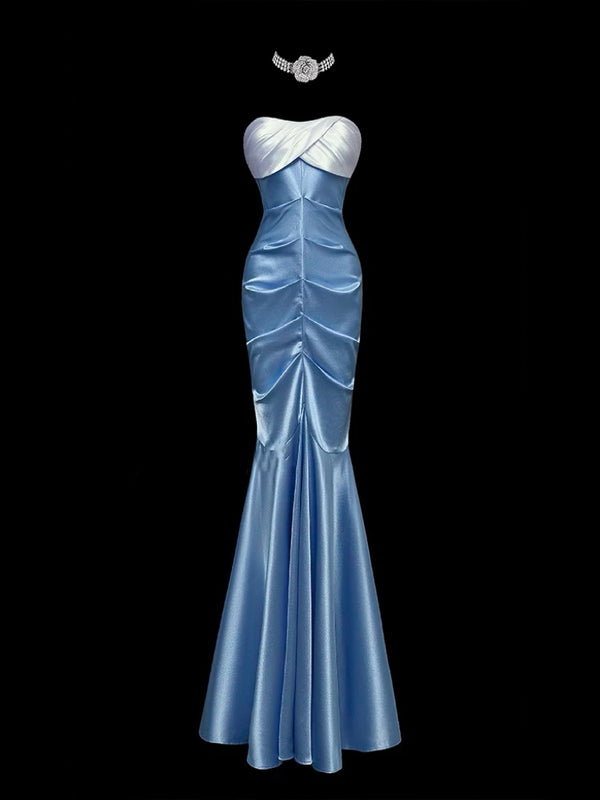 Blue Mermaid Style Evening Gown - Satin Evening Dress - Off Shoulder Evening Dress Plus Size