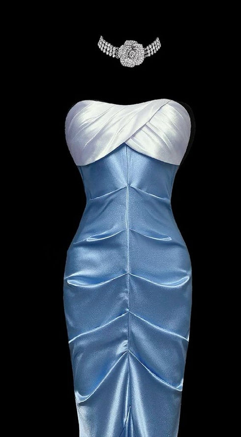 Blue Mermaid Style Evening Gown - Satin Evening Dress - Off Shoulder Evening Dress Plus Size