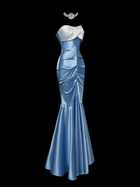 Blue Mermaid Style Evening Gown - Satin Evening Dress - Off Shoulder Evening Dress Plus Size