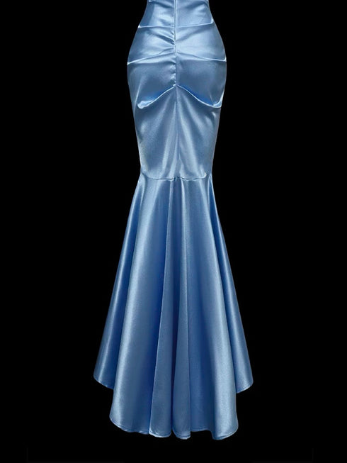 Blue Mermaid Style Evening Gown - Satin Evening Dress - Off Shoulder Evening Dress Plus Size
