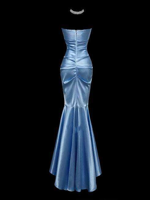 Blue Mermaid Style Evening Gown - Satin Evening Dress - Off Shoulder Evening Dress Plus Size