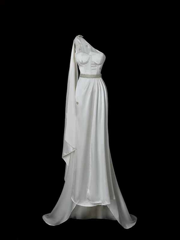 White Satin One Shoulder Gown - Embellished Evening Dress - Satin Formal Dress Long Plus Size