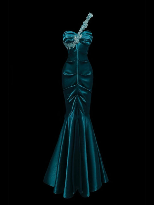 Gothic Teal Mermaid Style Evening Gown - Embellished One Shoulder Evening Dress - Satin Evening Dress Plus Size