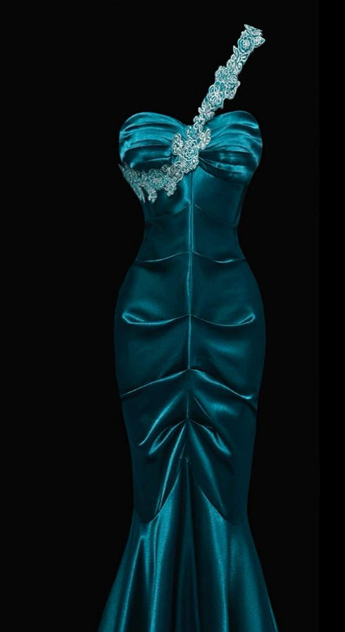 Gothic Teal Mermaid Style Evening Gown - Embellished One Shoulder Evening Dress - Satin Evening Dress Plus Size