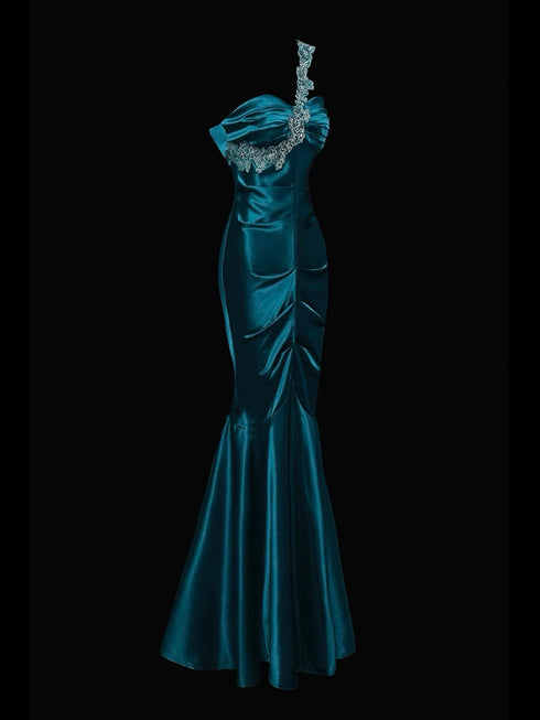 Gothic Teal Mermaid Style Evening Gown - Embellished One Shoulder Evening Dress - Satin Evening Dress Plus Size