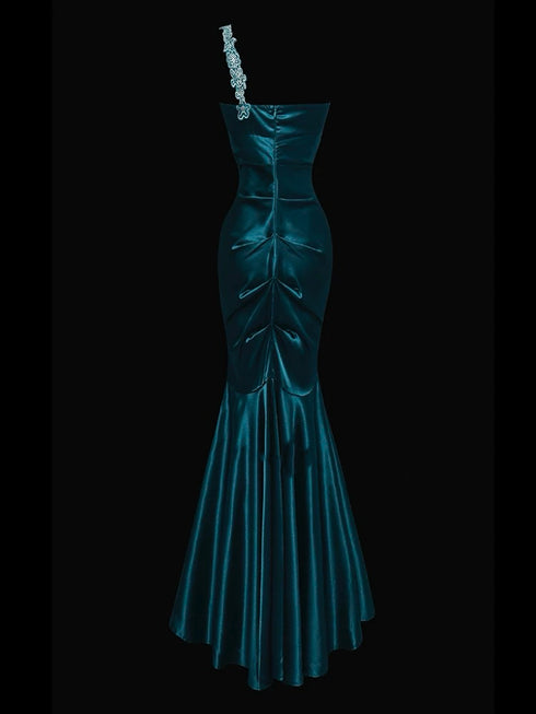 Gothic Teal Mermaid Style Evening Gown - Embellished One Shoulder Evening Dress - Satin Evening Dress Plus Size