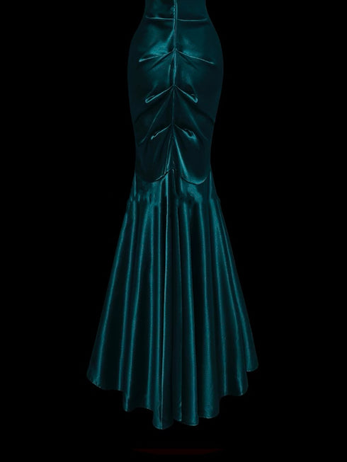 Gothic Teal Mermaid Style Evening Gown - Embellished One Shoulder Evening Dress - Satin Evening Dress Plus Size