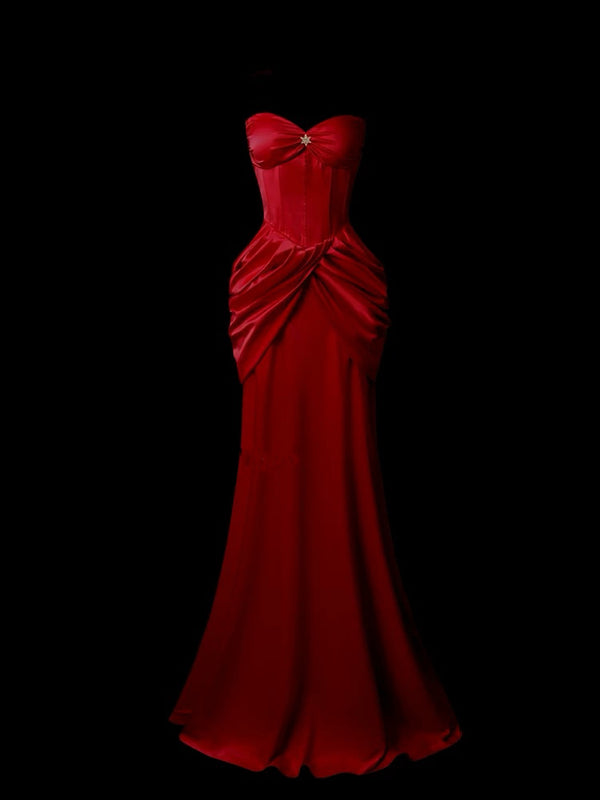 Gothic Red Satin Evening Dress - Strapless Evening Dress - Mermaid Style Eveninf Gown Plus Size