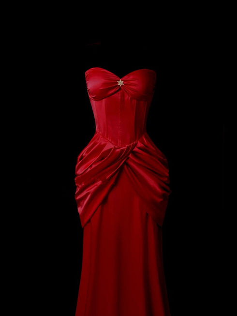 Gothic Red Satin Evening Dress - Strapless Evening Dress - Mermaid Style Eveninf Gown Plus Size