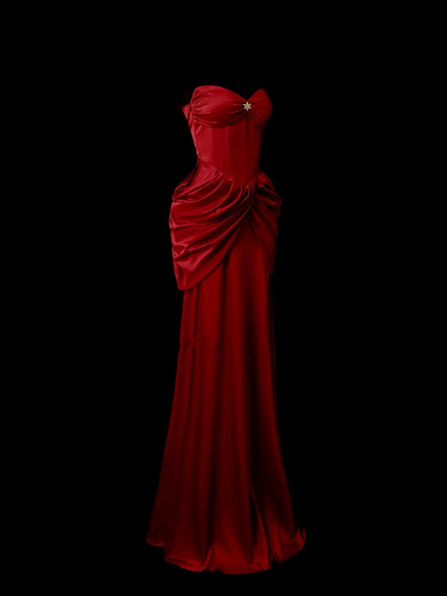Gothic Red Satin Evening Dress - Strapless Evening Dress - Mermaid Style Eveninf Gown Plus Size