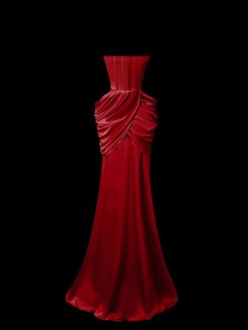 Gothic Red Satin Evening Dress - Strapless Evening Dress - Mermaid Style Eveninf Gown Plus Size