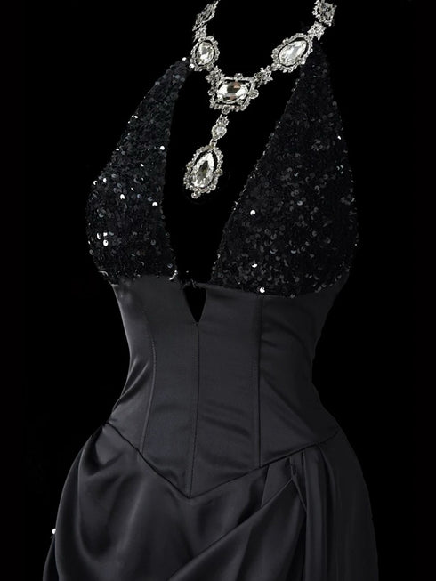 Gothic Black Halter Neck Dress for Wedding Guest - Black Satin Evening Dress Plus Size