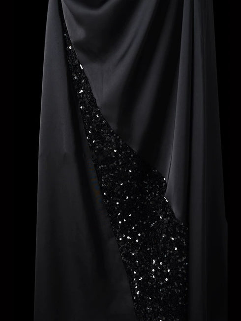 Gothic Black Halter Neck Dress for Wedding Guest - Black Satin Evening Dress Plus Size