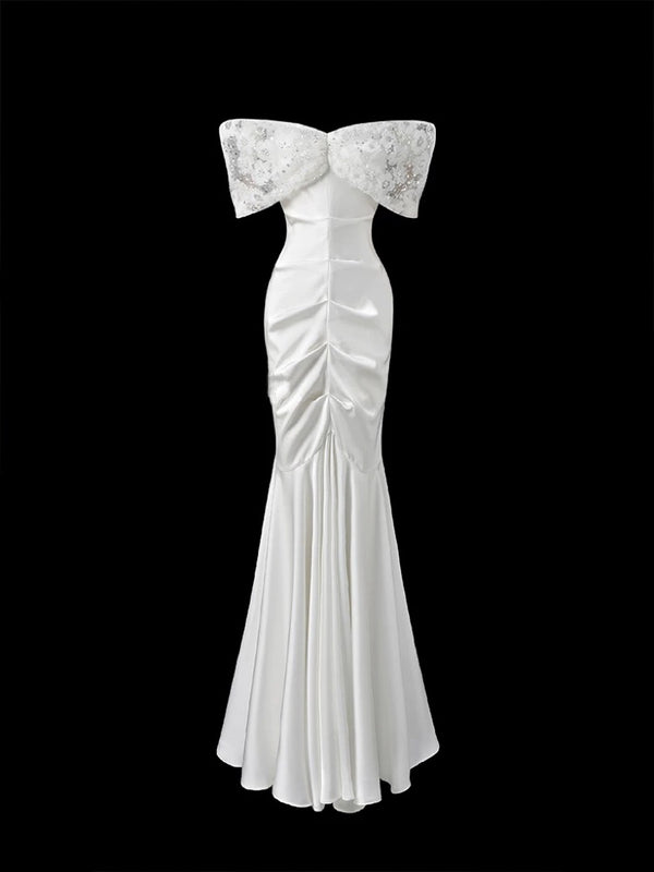 White Off Shoulder Wedding Dress - Satin Evening Dress with Lace - Mermaid Style Evening Gown Plus Size