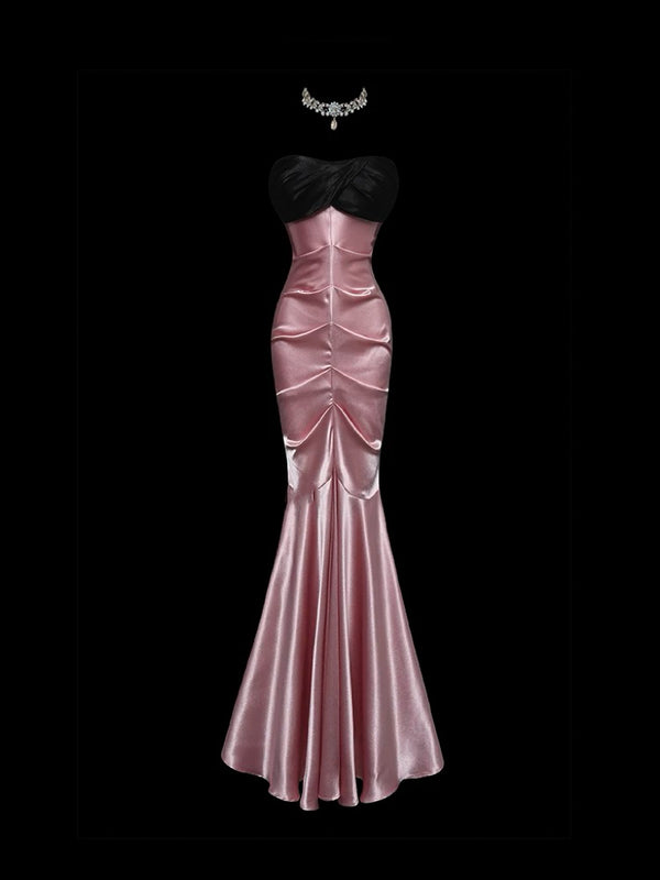 Pink and Black Strapless Evening Dress - Satin Evening Dress - Mermaid Style Evening Gown Plus Size