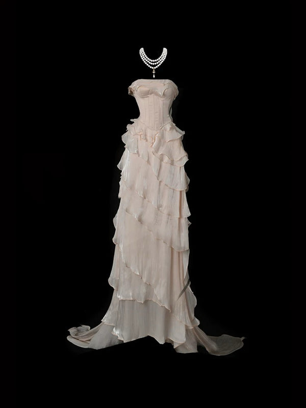 Champagne Dress for Wedding Guest - Layered Tulle Ruffle Dress - Tiered Formal Gown Plus Size