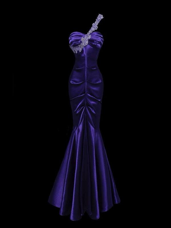 Gothic Purple One Shoulder Evening Gown - Satin Evening Dress - Mermaid Style Formal Gown Plus Size