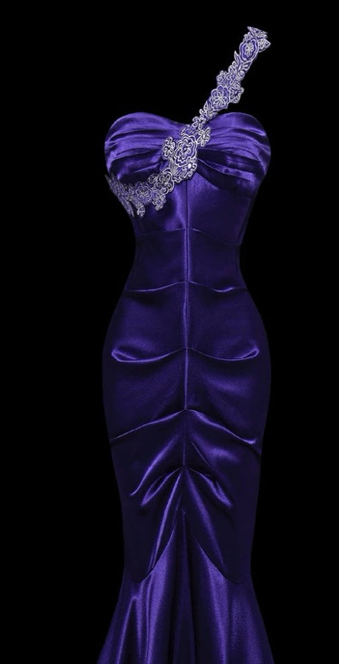 Gothic Purple One Shoulder Evening Gown - Satin Evening Dress - Mermaid Style Formal Gown Plus Size