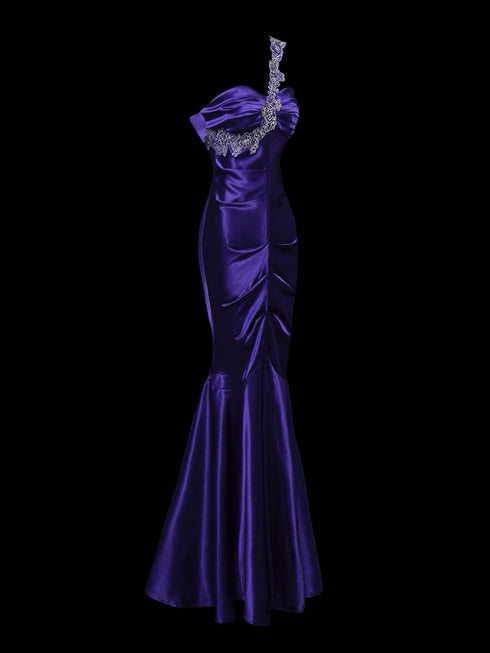 Gothic Purple One Shoulder Evening Gown - Satin Evening Dress - Mermaid Style Formal Gown Plus Size
