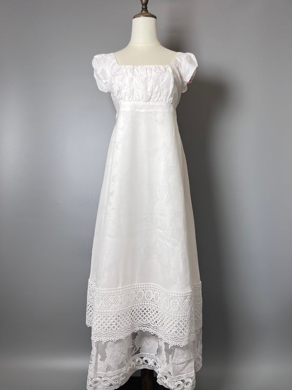 White Lace Regency Era Dress with Cap Sleeves and Embroidered Hem – Regency Dress Plus Size