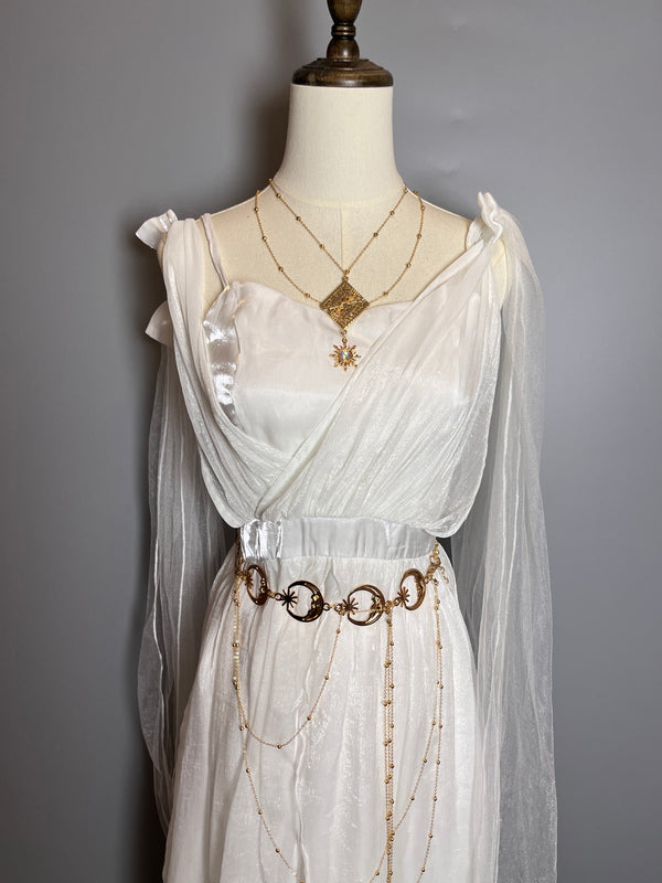 White Fantasy Tulle Dress with Draped Sleeves and Celestial Belt – Greek Goddess Dress Plus Size