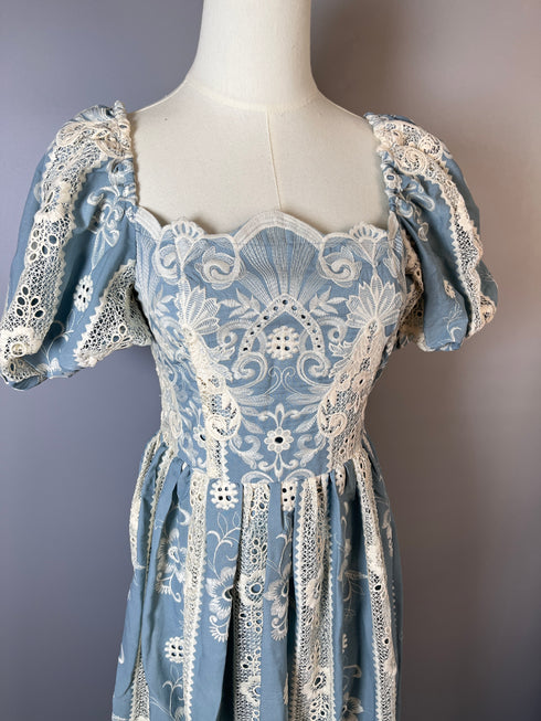 Blue Regency Era Dress with Puff Sleeves and Floral Embroidery - Blue Regency Era Dress Plus Size