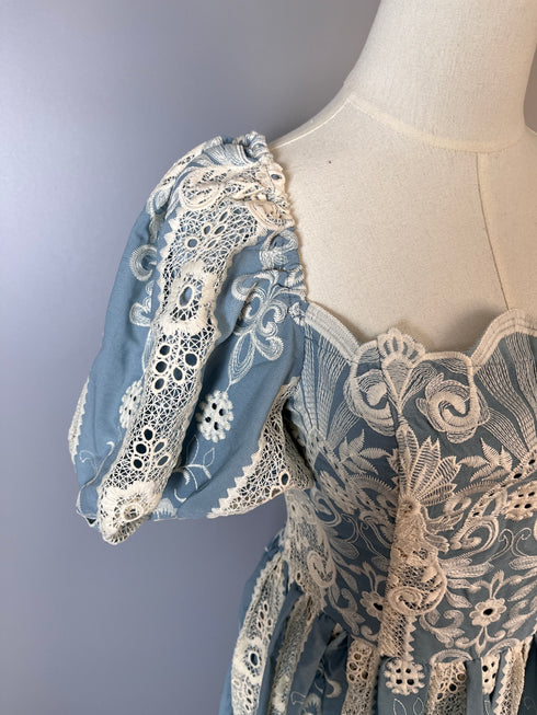 Blue Regency Era Dress with Puff Sleeves and Floral Embroidery - Blue Regency Era Dress Plus Size