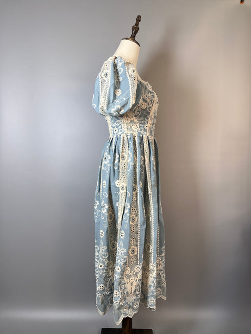 Blue Regency Era Dress with Puff Sleeves and Floral Embroidery - Blue Regency Era Dress Plus Size