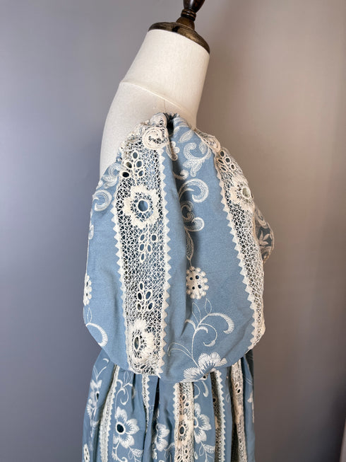 Blue Regency Era Dress with Puff Sleeves and Floral Embroidery - Blue Regency Era Dress Plus Size