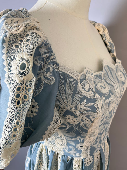 Blue Regency Era Dress with Puff Sleeves and Floral Embroidery - Blue Regency Era Dress Plus Size
