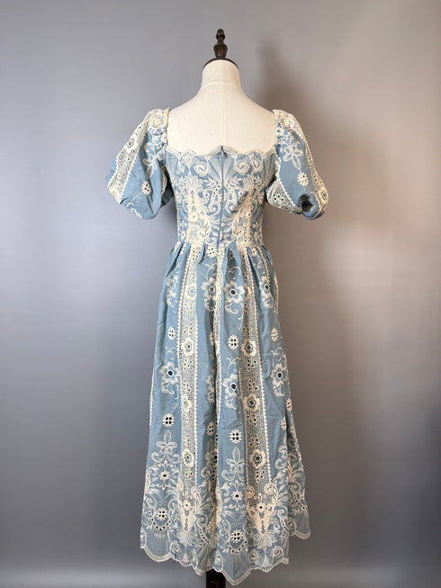 Blue Regency Era Dress with Puff Sleeves and Floral Embroidery - Blue Regency Era Dress Plus Size