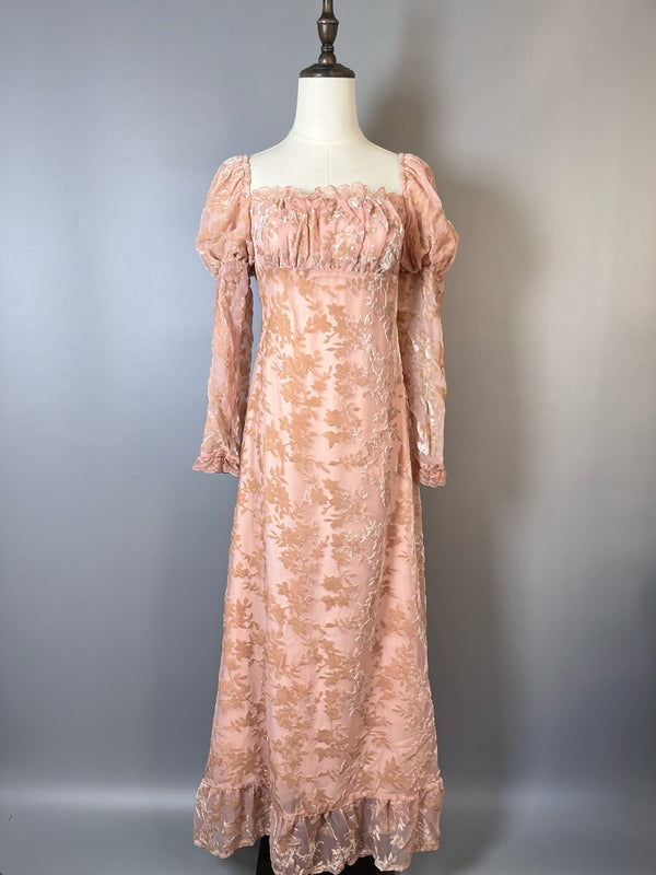 Blush Pink Regency Era Dress with Puff Sleeves and Floral Embroidery - Blush Pink Regency Era Dress Plus Size
